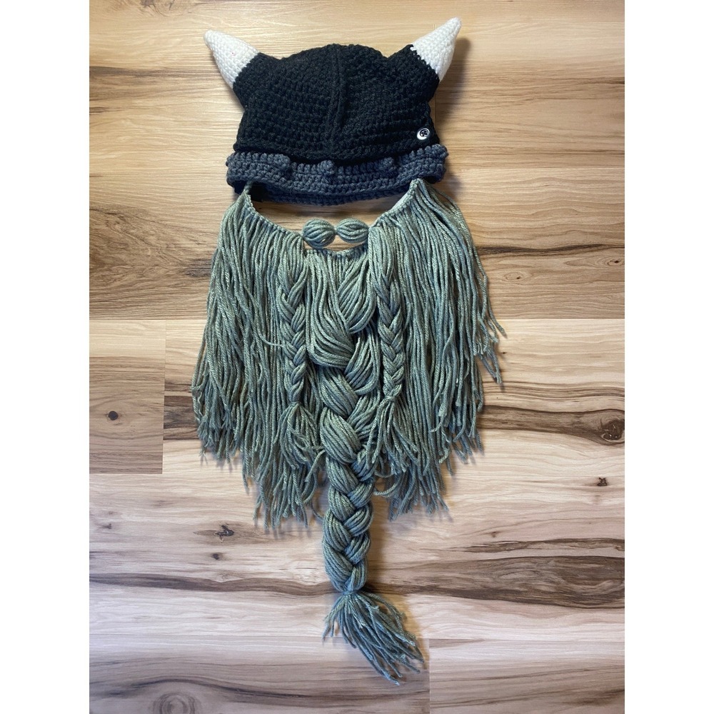 Beard Head Viking Barbarian Pillager Knit Beanie Hat Detachable Braided Beard